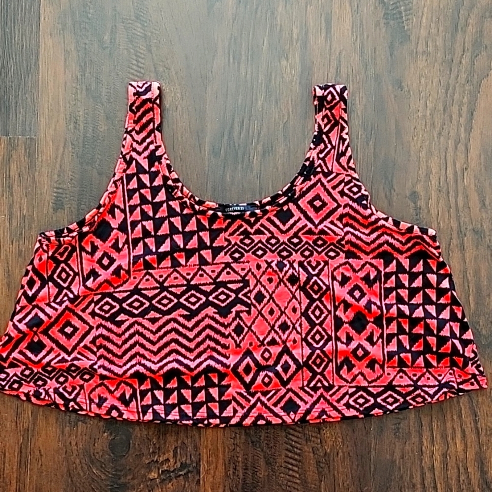 Forever 21, Neon Pink/Black Flowy Crop Top, Size M